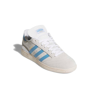 adidas Skateboarding Busenitz Pro in Grey One/Light Blue/Chalk White — suede and synthetic upper, Geofit padded collar, recessed eyelets, textile lining, and pivot-point rubber cupsole