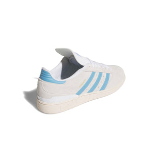 adidas Skateboarding Busenitz Pro in Grey One/Light Blue/Chalk White — suede and synthetic upper, Geofit padded collar, recessed eyelets, textile lining, and pivot-point rubber cupsole