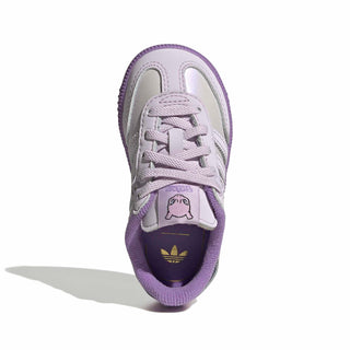 adidas Originals Pokémon Samba OG Elastic Lace "Mewtwo" Infant's Shoes in Ice Lavender/Ice Lavender/Violet Fusion — light purple leather upper, Mewtwo tongue label, Trefoil and Pokémon branding, elastic laces, rubber outsole