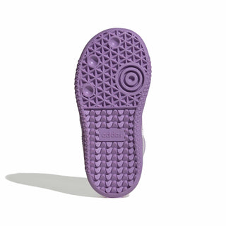 adidas Originals Pokémon Samba OG Elastic Lace "Mewtwo" Infant's Shoes in Ice Lavender/Ice Lavender/Violet Fusion — light purple leather upper, Mewtwo tongue label, Trefoil and Pokémon branding, elastic laces, rubber outsole