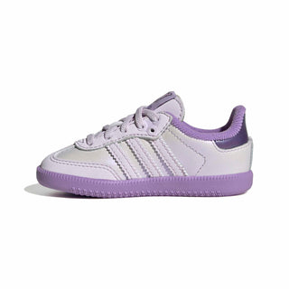 adidas Originals Pokémon Samba OG Elastic Lace "Mewtwo" Infant's Shoes in Ice Lavender/Ice Lavender/Violet Fusion — light purple leather upper, Mewtwo tongue label, Trefoil and Pokémon branding, elastic laces, rubber outsole