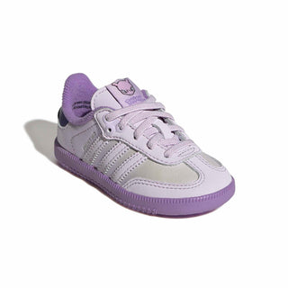 adidas Originals Pokémon Samba OG Elastic Lace "Mewtwo" Infant's Shoes in Ice Lavender/Ice Lavender/Violet Fusion — light purple leather upper, Mewtwo tongue label, Trefoil and Pokémon branding, elastic laces, rubber outsole