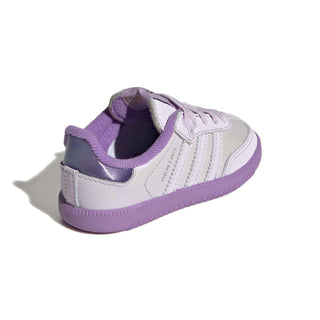 adidas Originals Pokémon Samba OG Elastic Lace "Mewtwo" Infant's Shoes in Ice Lavender/Ice Lavender/Violet Fusion — light purple leather upper, Mewtwo tongue label, Trefoil and Pokémon branding, elastic laces, rubber outsole
