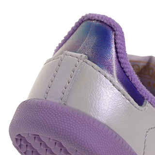 adidas Originals Pokémon Samba OG Elastic Lace "Mewtwo" Infant's Shoes in Ice Lavender/Ice Lavender/Violet Fusion — light purple leather upper, Mewtwo tongue label, Trefoil and Pokémon branding, elastic laces, rubber outsole