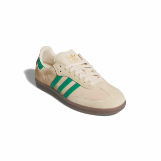 adidas Skateboarding Samba ADV Shoes in Sand Strata/Court Green/Gum — heritage Samba silhouette with leather and suede upper, Adituff toe reinforcement, and flexible rubber cupsole