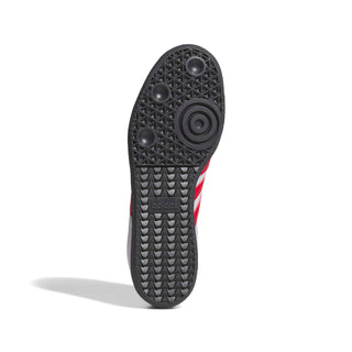 adidas Skateboarding Samba ADV Shoes in Core Black/Frozen Purple/Better Scarlet — heritage Samba silhouette with leather and suede upper, Adituff toe reinforcement, and flexible rubber cupsole