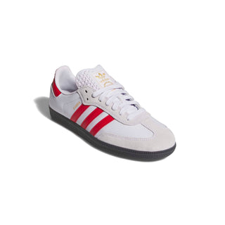 adidas Skateboarding Samba ADV Shoes in Core Black/Frozen Purple/Better Scarlet — heritage Samba silhouette with leather and suede upper, Adituff toe reinforcement, and flexible rubber cupsole