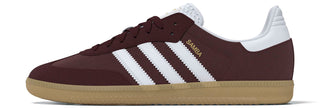 adidas Skateboarding Samba ADV Shoes in Shadow Red/Footwear White/Maroon — heritage Samba silhouette with leather and suede upper, Adituff toe reinforcement, and flexible rubber cupsole