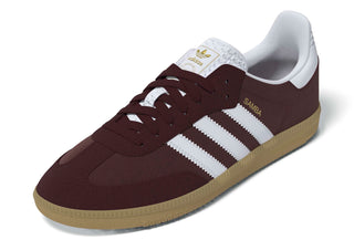 adidas Skateboarding Samba ADV Shoes in Shadow Red/Footwear White/Maroon — heritage Samba silhouette with leather and suede upper, Adituff toe reinforcement, and flexible rubber cupsole