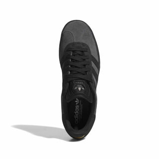 adidas Skateboarding Gazelle ADV Shoes in Dark Grey/Grey Six/Gold Metallic — iconic low-profile Gazelle silhouette with suede upper, reinforced ollie zone, and cupsole construction