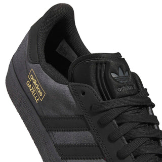 adidas Skateboarding Gazelle ADV Shoes in Dark Grey/Grey Six/Gold Metallic — iconic low-profile Gazelle silhouette with suede upper, reinforced ollie zone, and cupsole construction