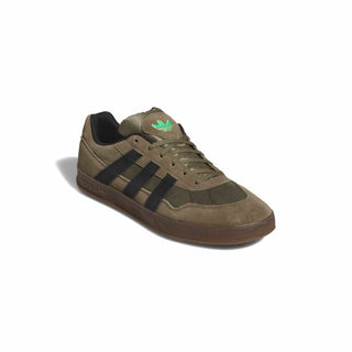 adidas Skateboarding Aloha Super Shoes in Olive Strata/Core Black/Gum — leather upper with coated overlays, COLD CEMENT construction, and rubber outsole for skate and street