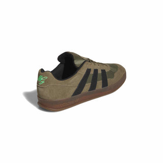 adidas Skateboarding Aloha Super Shoes in Olive Strata/Core Black/Gum — leather upper with coated overlays, COLD CEMENT construction, and rubber outsole for skate and street