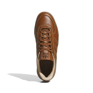 adidas Skateboarding Glenburn Shoes in Dusky Bronze/Gold Metallic/Gum — terrace-inspired skate shoe with leather upper, EVA heel cushioning, Three Stripes branding, and rubber outsole