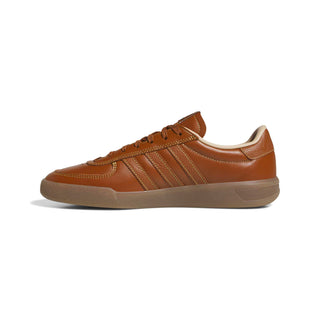 adidas Skateboarding Glenburn Shoes in Dusky Bronze/Gold Metallic/Gum — terrace-inspired skate shoe with leather upper, EVA heel cushioning, Three Stripes branding, and rubber outsole