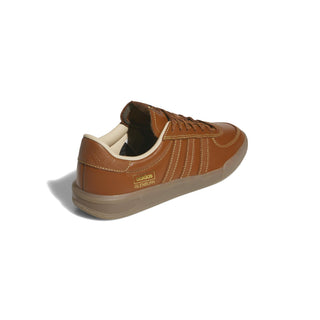 adidas Skateboarding Glenburn Shoes in Dusky Bronze/Gold Metallic/Gum — terrace-inspired skate shoe with leather upper, EVA heel cushioning, Three Stripes branding, and rubber outsole