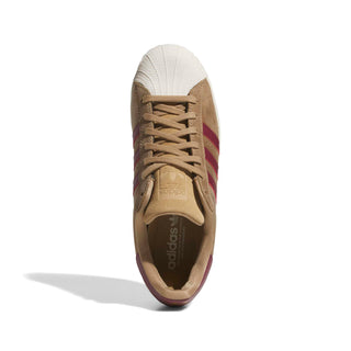adidas Skateboarding Superstar ADV Shoes in Cardboard/Shadow Red/Gold Metallic — heritage shell toe silhouette with premium leather upper, flexible cupsole, and skate-reinforced stitching

