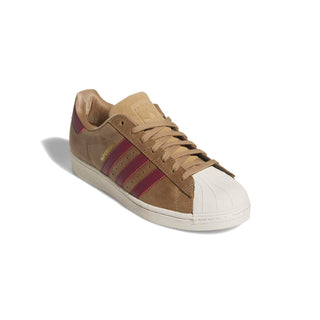 adidas Skateboarding Superstar ADV Shoes in Cardboard/Shadow Red/Gold Metallic — heritage shell toe silhouette with premium leather upper, flexible cupsole, and skate-reinforced stitching


