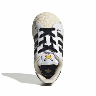 adidas Originals Pokémon Superstar II Elastic Lace "Pikachu" Kid's Shoes in Footwear White/Core Black/Gold Metallic — Pikachu visuals, classic shelltoe with serrated 3-Stripes, coated leather upper, elastic lace closure, rubber outsole