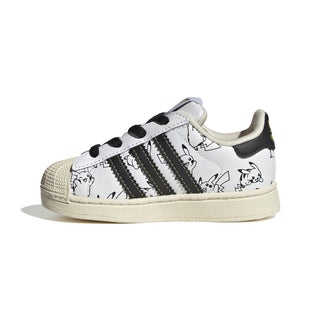 adidas Originals Pokémon Superstar II Elastic Lace "Pikachu" Kid's Shoes in Footwear White/Core Black/Gold Metallic — Pikachu visuals, classic shelltoe with serrated 3-Stripes, coated leather upper, elastic lace closure, rubber outsole