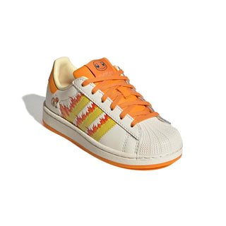 adidas Originals Pokémon Superstar II "Charmander" Kid's Shoes in Cream White/Shock Yellow/Bright Orange — Charmander tongue label and lateral side deboss, flaming 3-Stripes, coated leather upper with shelltoe, rubber outsole