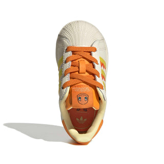 adidas Originals Pokémon Superstar II Elastic Lace "Charmander" Kid's Shoes in Cream White/Shock Yellow/Bright Orange — Charmander tongue label and lateral side deboss, flaming 3-Stripes, coated leather upper, elastic lace closure, rubber outsole