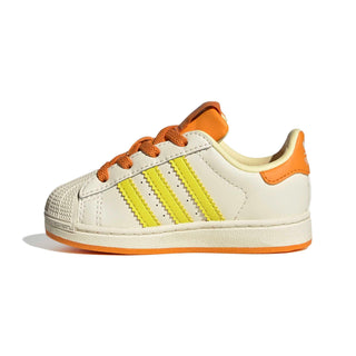 adidas Originals Pokémon Superstar II Elastic Lace "Charmander" Kid's Shoes in Cream White/Shock Yellow/Bright Orange — Charmander tongue label and lateral side deboss, flaming 3-Stripes, coated leather upper, elastic lace closure, rubber outsole