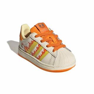 adidas Originals Pokémon Superstar II Elastic Lace "Charmander" Kid's Shoes in Cream White/Shock Yellow/Bright Orange — Charmander tongue label and lateral side deboss, flaming 3-Stripes, coated leather upper, elastic lace closure, rubber outsole
