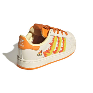 adidas Originals Pokémon Superstar II Elastic Lace "Charmander" Kid's Shoes in Cream White/Shock Yellow/Bright Orange — Charmander tongue label and lateral side deboss, flaming 3-Stripes, coated leather upper, elastic lace closure, rubber outsole
