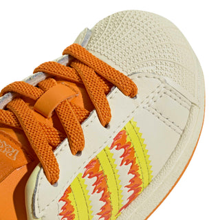 adidas Originals Pokémon Superstar II Elastic Lace "Charmander" Kid's Shoes in Cream White/Shock Yellow/Bright Orange — Charmander tongue label and lateral side deboss, flaming 3-Stripes, coated leather upper, elastic lace closure, rubber outsole