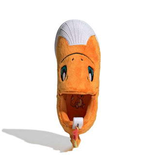 adidas Originals Pokémon Superstar Quickon "Charmander" Kid's Shoes in Orange/Orange/Footwear White — plush Charmander design with cosy fur material, Charmander eyes and nose on upper, fluffy tail on backside, elastic closure, rubber outsole