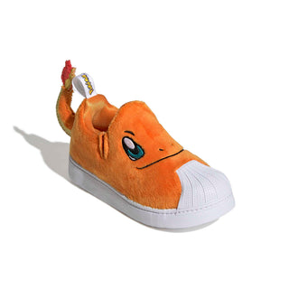 adidas Originals Pokémon Superstar Quickon "Charmander" Kid's Shoes in Orange/Orange/Footwear White — plush Charmander design with cosy fur material, Charmander eyes and nose on upper, fluffy tail on backside, elastic closure, rubber outsole