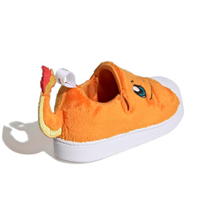 adidas Originals Pokémon Superstar Quickon "Charmander" Kid's Shoes in Orange/Orange/Footwear White — plush Charmander design with cosy fur material, Charmander eyes and nose on upper, fluffy tail on backside, elastic closure, rubber outsole