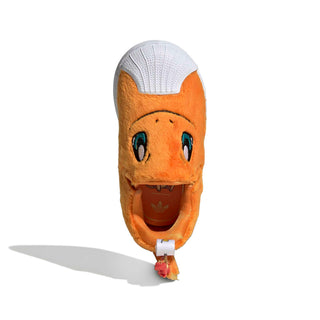 adidas Originals Pokémon Superstar Quickon "Charmander" Kid's Shoes in Orange/Orange/Footwear White — plush Charmander design with cosy fur material, Charmander eyes and nose on upper, fluffy tail on backside, elastic closure, rubber outsole for infants