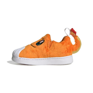 adidas Originals Pokémon Superstar Quickon "Charmander" Kid's Shoes in Orange/Orange/Footwear White — plush Charmander design with cosy fur material, Charmander eyes and nose on upper, fluffy tail on backside, elastic closure, rubber outsole for infants