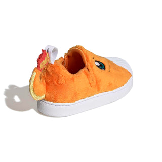 adidas Originals Pokémon Superstar Quickon "Charmander" Kid's Shoes in Orange/Orange/Footwear White — plush Charmander design with cosy fur material, Charmander eyes and nose on upper, fluffy tail on backside, elastic closure, rubber outsole for infants