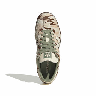 Side view of adidas Originals Samba OG in Wonder Beige/Tent Green with a beige and brown patterned ponyhair upper, cream 3-Stripes, green laces, and a dark brown sole.