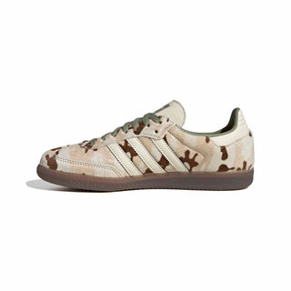 Side view of adidas Originals Samba OG in Wonder Beige/Tent Green with a beige and brown patterned ponyhair upper, cream 3-Stripes, green laces, and a dark brown sole.