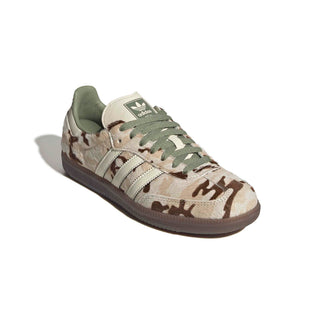 Side view of adidas Originals Samba OG in Wonder Beige/Tent Green with a beige and brown patterned ponyhair upper, cream 3-Stripes, green laces, and a dark brown sole.