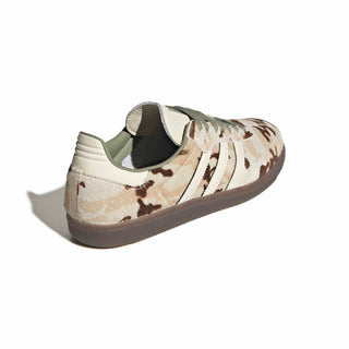 Side view of adidas Originals Samba OG in Wonder Beige/Tent Green with a beige and brown patterned ponyhair upper, cream 3-Stripes, green laces, and a dark brown sole.