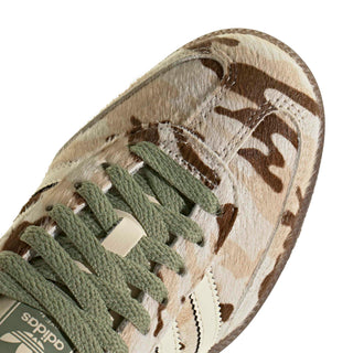 Side view of adidas Originals Samba OG in Wonder Beige/Tent Green with a beige and brown patterned ponyhair upper, cream 3-Stripes, green laces, and a dark brown sole.