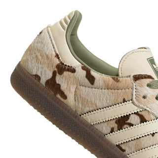 Side view of adidas Originals Samba OG in Wonder Beige/Tent Green with a beige and brown patterned ponyhair upper, cream 3-Stripes, green laces, and a dark brown sole.