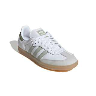 adidas Originals Samba OG Shoes in Footwear White/Halo Green/Tent Green — leather upper, football-inspired tongue, rubber outsole