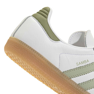 adidas Originals Samba OG Shoes in Footwear White/Halo Green/Tent Green — leather upper, football-inspired tongue, rubber outsole