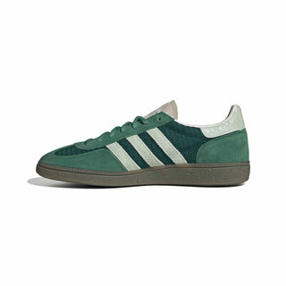 adidas Originals Handball Spezial in Collegiate Green/Linen Green — textile and mesh upper with suede overlays, snakeskin pattern detail, OG Spezial branding, and rubber outsole rooted in the 1979 heritage.