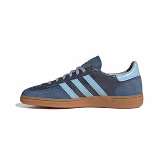 adidas Originals Handball Spezial in Night Indigo/Clear Sky — cracked leather quarter with suede overlays, patent leather stripes, and soft gum rubber outsole rooted in the original 1979 design.

