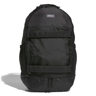 adidas Skateboarding Backpack in Black — 24.9L capacity, recycled polyester, plain weave construction, zipper closure, adjustable straps, skate and street ready