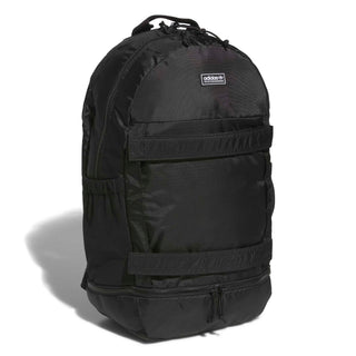 adidas Skateboarding Backpack in Black — 24.9L capacity, recycled polyester, plain weave construction, zipper closure, adjustable straps, skate and street ready