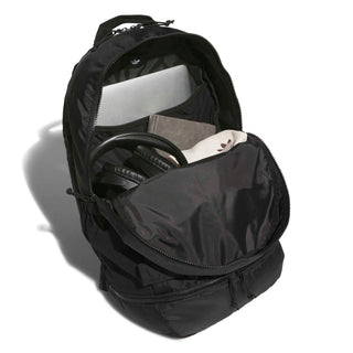 adidas Skateboarding Backpack in Black — 24.9L capacity, recycled polyester, plain weave construction, zipper closure, adjustable straps, skate and street ready