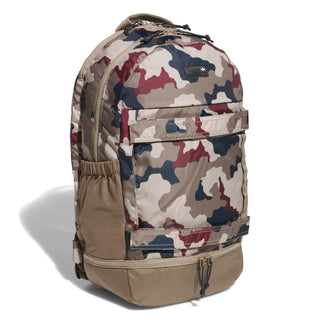 adidas Skateboarding FS+ Camo Backpack in Khaki Three/Khaki Six/Aurora Ink — 24.9L, recycled polyester, plain weave, zipper closure, bold camo design for skate and street